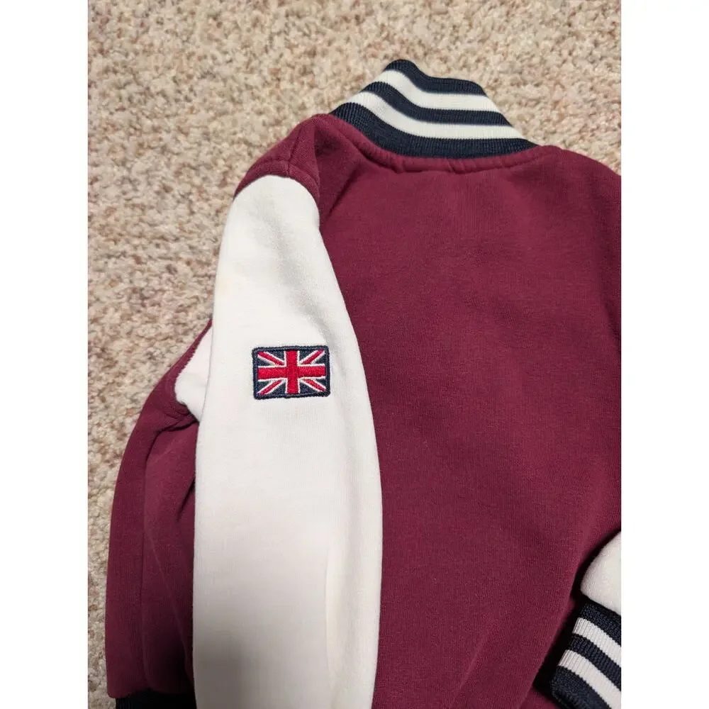 London Toddler Boys Maroon Cream Varsity Jacket Souvenir Bomber Coat Size 1/2